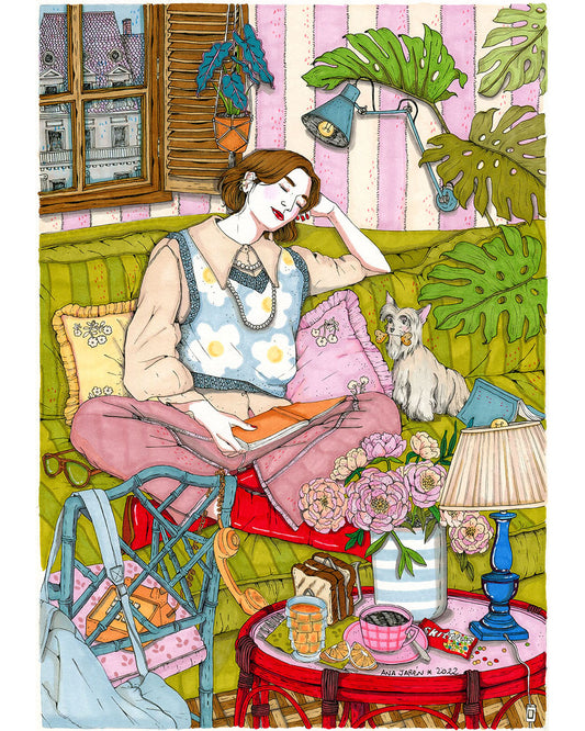 A woman enjoys a nap in a quiet interior surrounded by soft textiles, personal objects and a restful atmosphere, illustrated print by Ana Jarén
