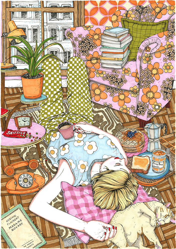 A woman enjoys a peaceful nap while a cat shares the space, illustrated print by Ana Jarén