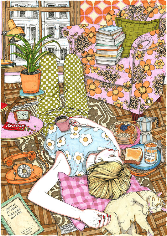 A woman enjoys a peaceful nap while a cat shares the space, illustrated print by Ana Jarén
