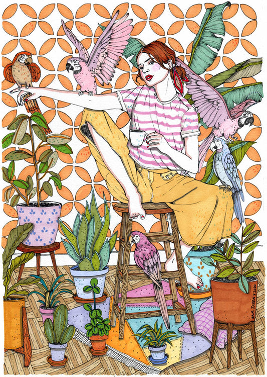 Parrots fill the scene with colour and movement, creating a lively, exuberant composition, illustrated print by Ana Jarén