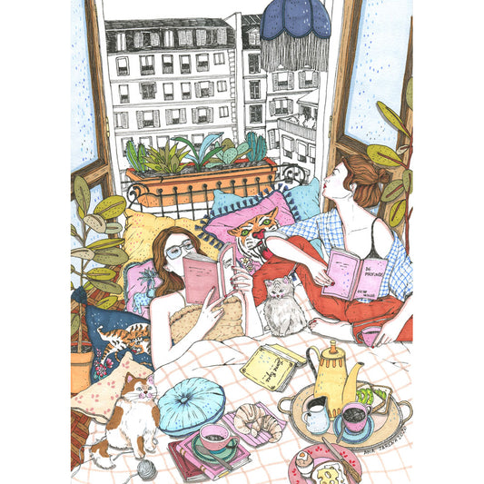 Someone gets lost in a book from the comfort of home, surrounded by cushions, everyday objects and the company of a cat, illustrated print by Ana Jarén