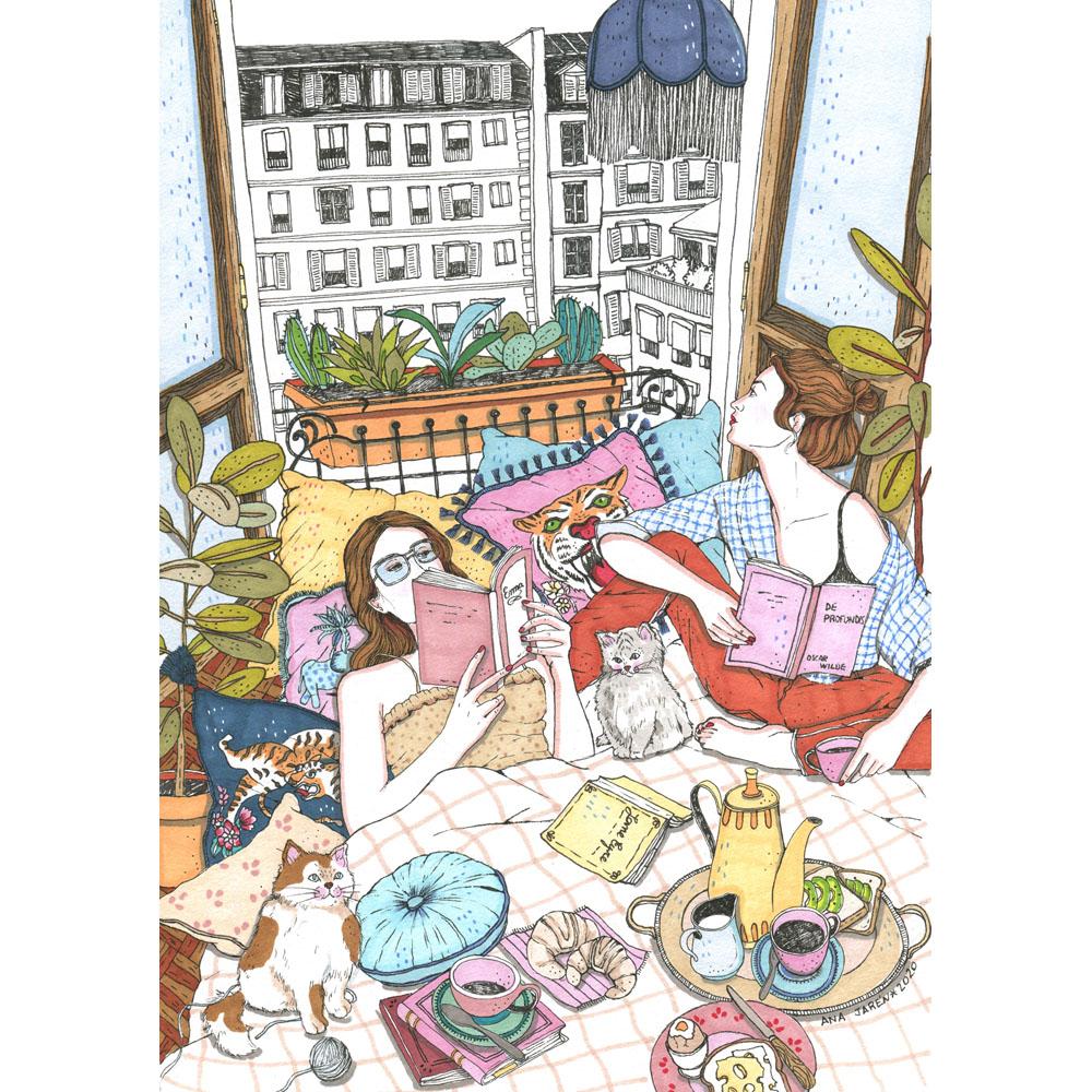 A person enjoys a quiet moment of reading at home, surrounded by a peaceful atmosphere and the little details that belong to an unhurried afternoon, XL illustrated print by Ana Jarén
