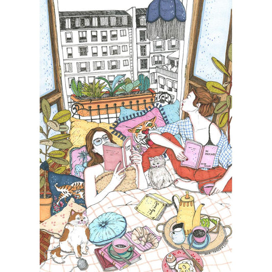 Une personne profite d’un moment de lecture calme à la maison, affiche illustrée XL par Ana Jarén.