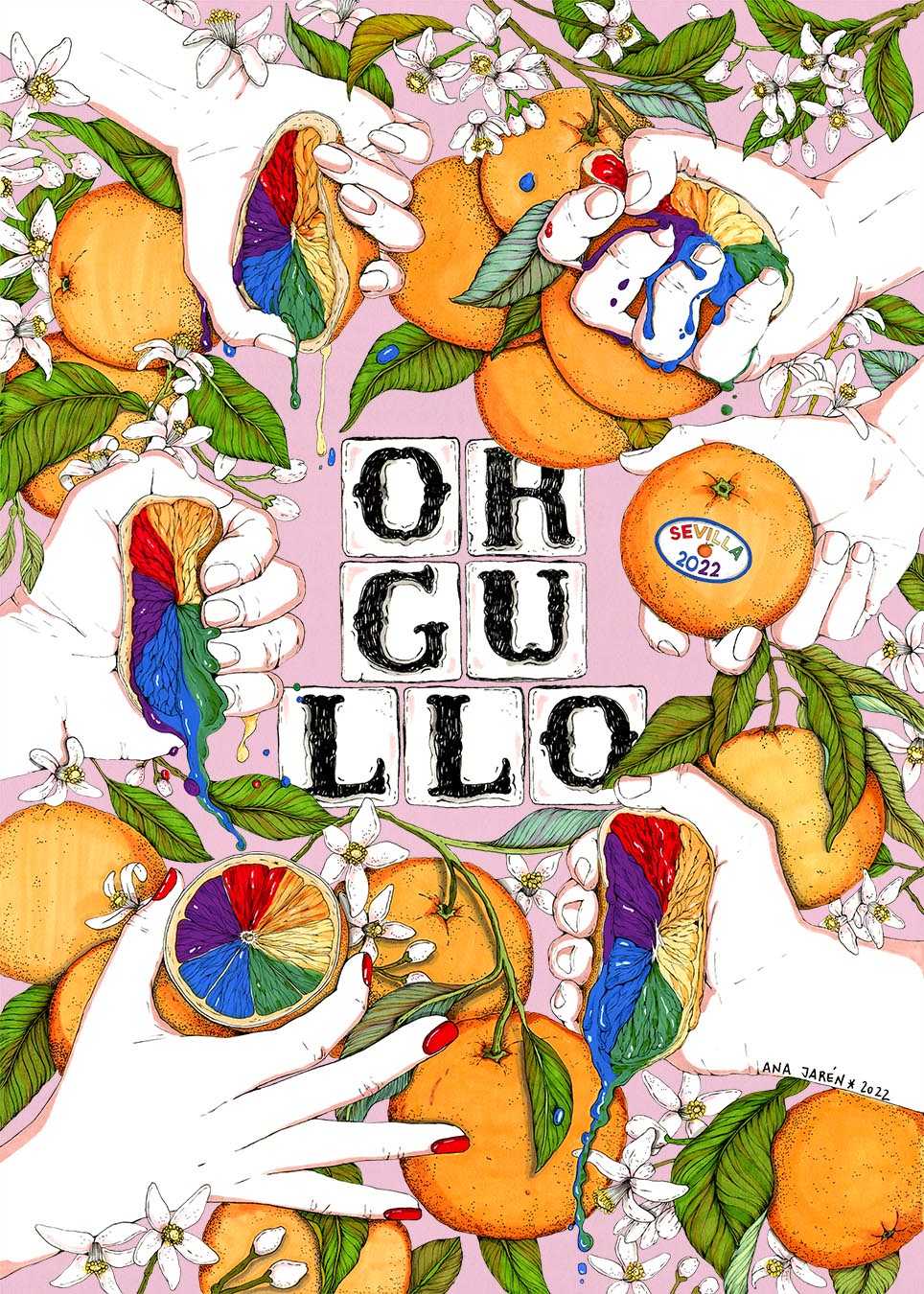 Sevilla aparece reinterpretada a través de los colores del arcoíris, las naranjas, el azahar y otros elementos reconocibles de la ciudad, lámina ilustrada de Ana Jarén.