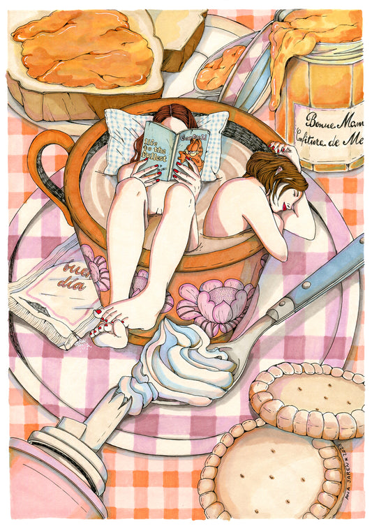 Women reading and sleeping while enjoying a bath in a large cup of tea, illustrated print by Ana Jarén