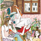 Three women share a relaxed moment in a room filled with plants, illustrated print by Ana Jarén