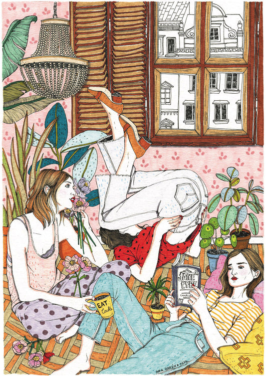 Three women share a relaxed moment in a room filled with plants, illustrated print by Ana Jarén