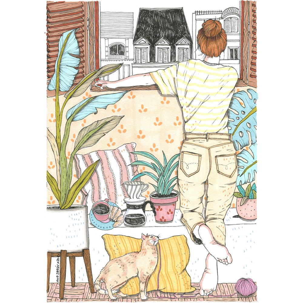 Someone pauses beside a window and looks outside in a quiet moment, illustrated print by Ana Jarén