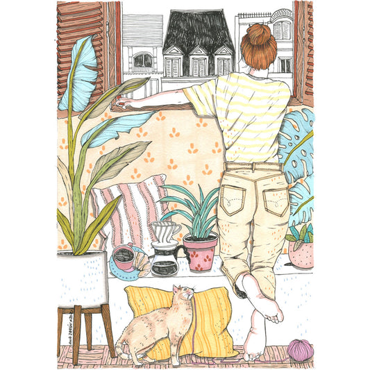 Someone pauses beside a window and looks outside in a quiet moment, illustrated print by Ana Jarén